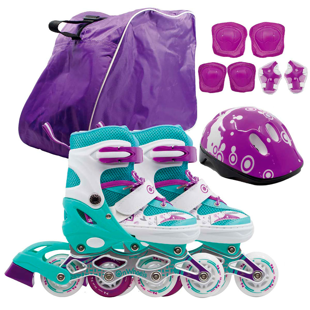 Combo de Patines + Kit de Protección + Casco Verde Morado Cougar